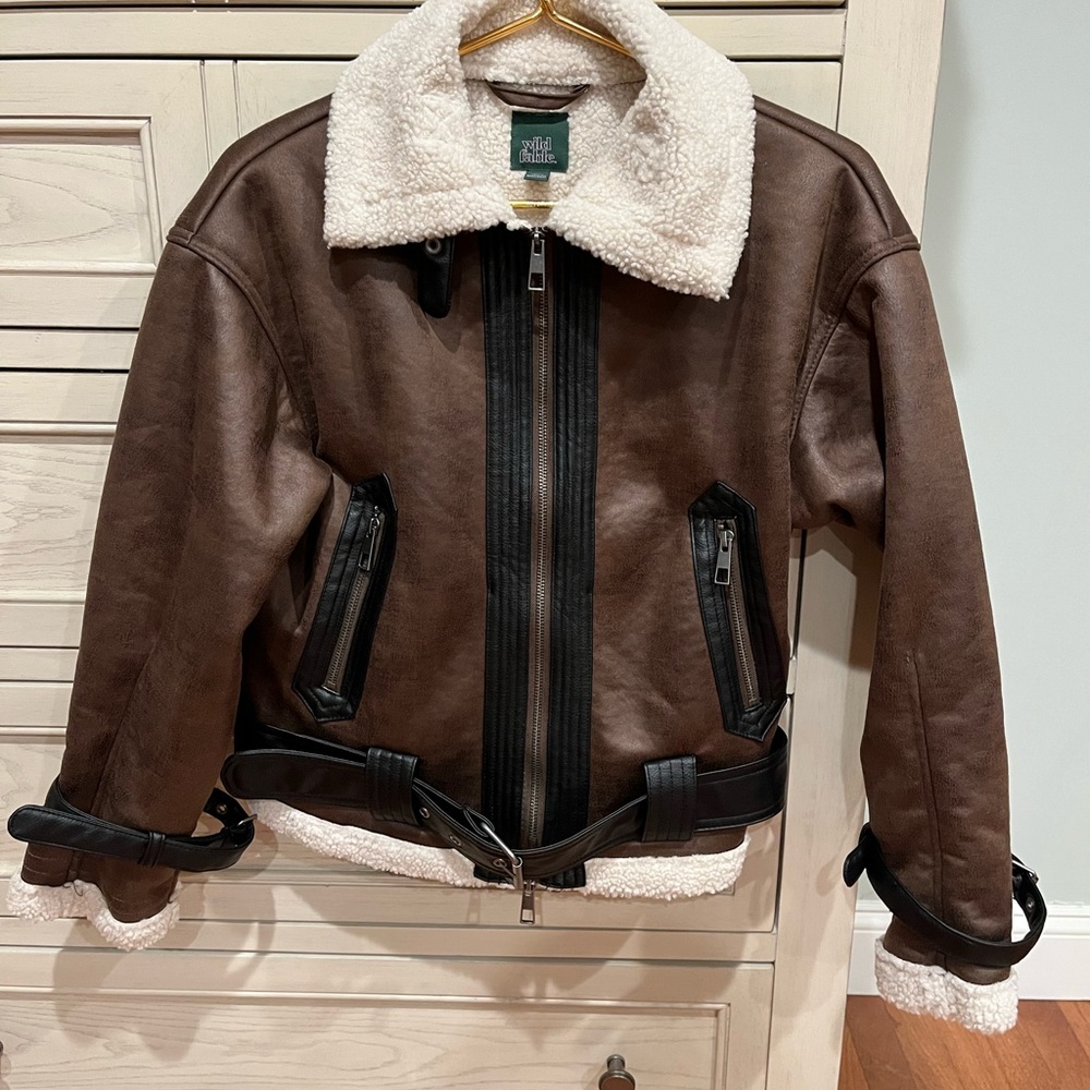 Wild Fable Brown Faux Shearling Aviator Jacket with Cream Collar